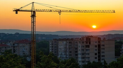 Construction Crane Silhouette at Sunset Over Cityscape