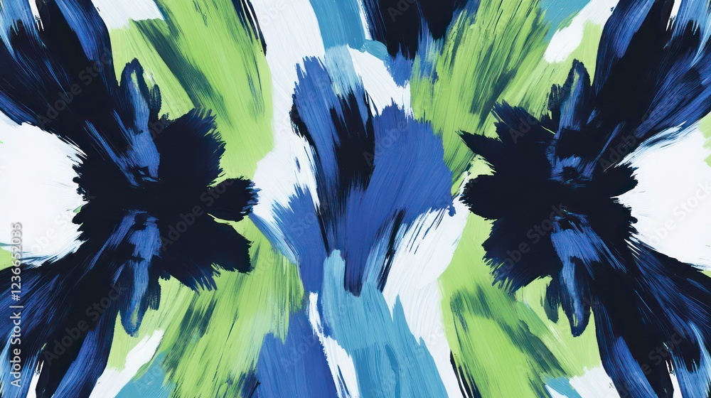 Poster abstract blue, green, and white paint strokes creating a dynamic, symmetrical pattern.
