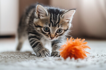 A playful kitten jumping on a feather toy, soft indoor lighting, sharp focus on the cat's movement. Pets Day.