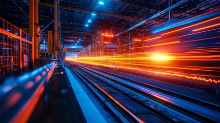 High Speed Train at Night Vibrant Orange and Blue Industrial Setting
