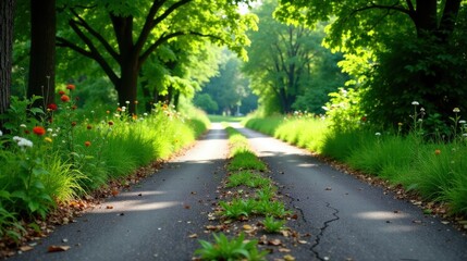 Fototapeta premium Sunlit Pathway Through Lush Greenery, Flanked by Vibrant Wildflowers and Towering Trees, Leading to a Serene Destination