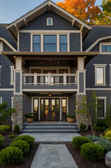 Fototapeta premium Stunning Modern Home Exterior with Gray Siding, Stone Accents, and Autumn Foliage. Luxury Real Estate, Architectural Design, and Landscaping.