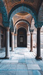 Ancient Arched Hallway With Stone Floor And Ornate Vaulted Ceiling Design, Byzantine Architecture