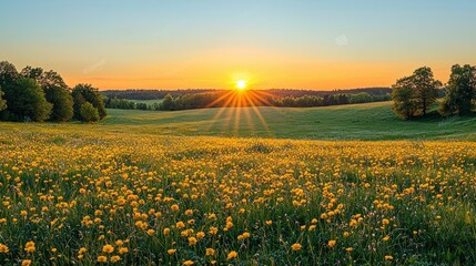 Obraz premium Sunset over a field of yellow wildflowers and green hills