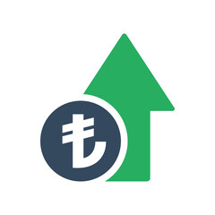 Obraz premium turkish lira coin with green up arrow, turkish economic growth indicator, stock exchange market positive trend, rising income pictogram