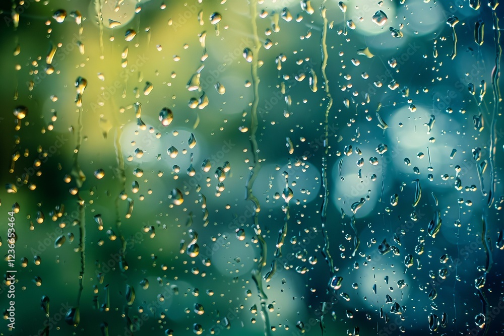 Poster water droplets sliding on a glass window surface with bokeh effect in the background, creating a moo