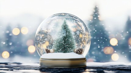 Christmas Snow Globe With Miniature Tree, Sparkling Snowflakes, Festive Lights In The Background.