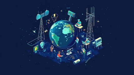Isometric illustration of people around a globe working on computers, with a telecommunications tower and technology icons, light blue background, 3D rendering