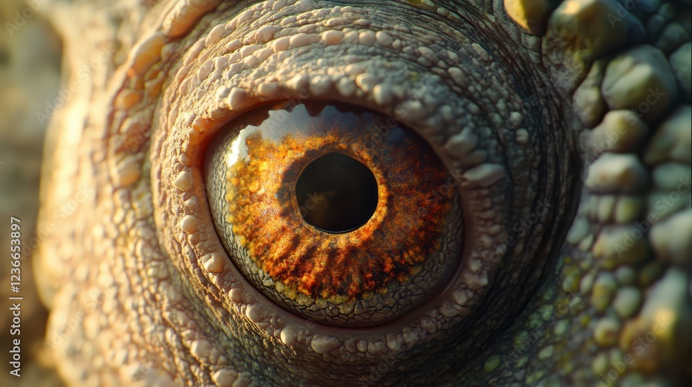 Aufkleber Close-up view of a reptilian eye displaying vivid colors and intricate textures in a natural setting during daylight