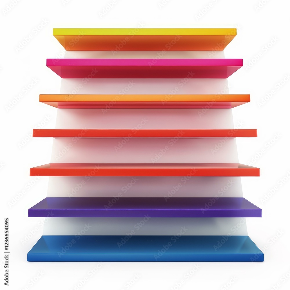 Poster seven vibrant empty shelves arranged on a white background, creating a visually appealing display