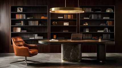 Luxurious home office with dark wood shelving, a marble desk, and a comfortable leather armchair.
