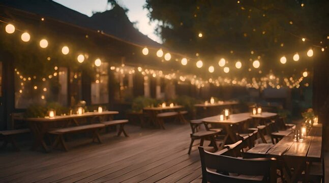 A photorealistic image of an outside hidden cafe at night, with twinkling fairy lights draped over rustic wooden tables