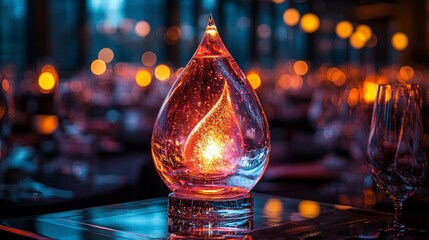 Teardrop glass flame centerpiece, event, indoor, bokeh background, luxury decor