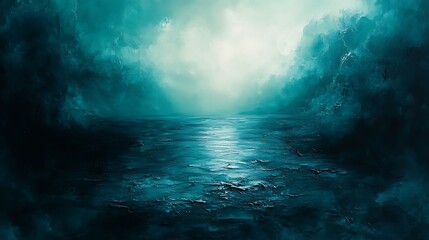 Fototapeta premium Teal Ocean Scene With Dark Mysterious Mountains