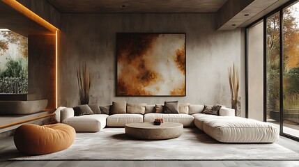 Modern living room with sectional sofa, artwork, and large windows.