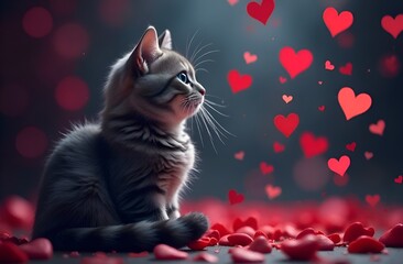 postcard with a cute gray kitten sitting among many red and pink hearts