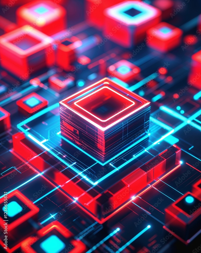 Poster red and blue glowing squares and lines abstract tech concept background