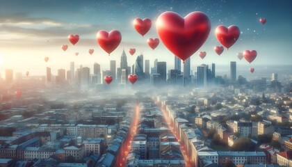 view of the city at sunset, many red heart-shaped balloons above the city