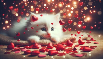 postcard with a cute white kitten sitting among many red hearts