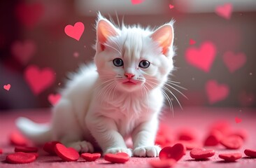 postcard with a cute white kitten sitting among many red hearts