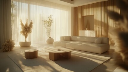 Serene Minimalist Living Room bathed in Golden Sunlight