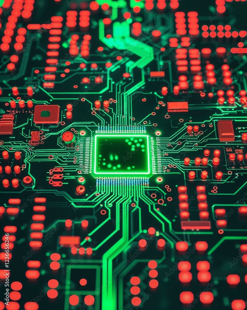 Poster red and green illuminated circuit boards abstract tech concept background