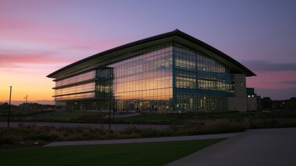 Obraz premium Modern Glass Building at Sunset