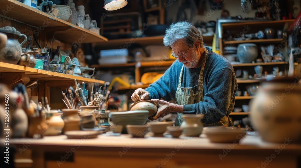 Poster Master potter skillfully shaping clay during a creative session in a rustic studio filled with tools and pots