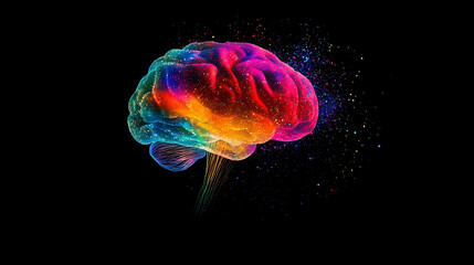 A colorful brain made of glowing data points and neural connections on a black background (1)