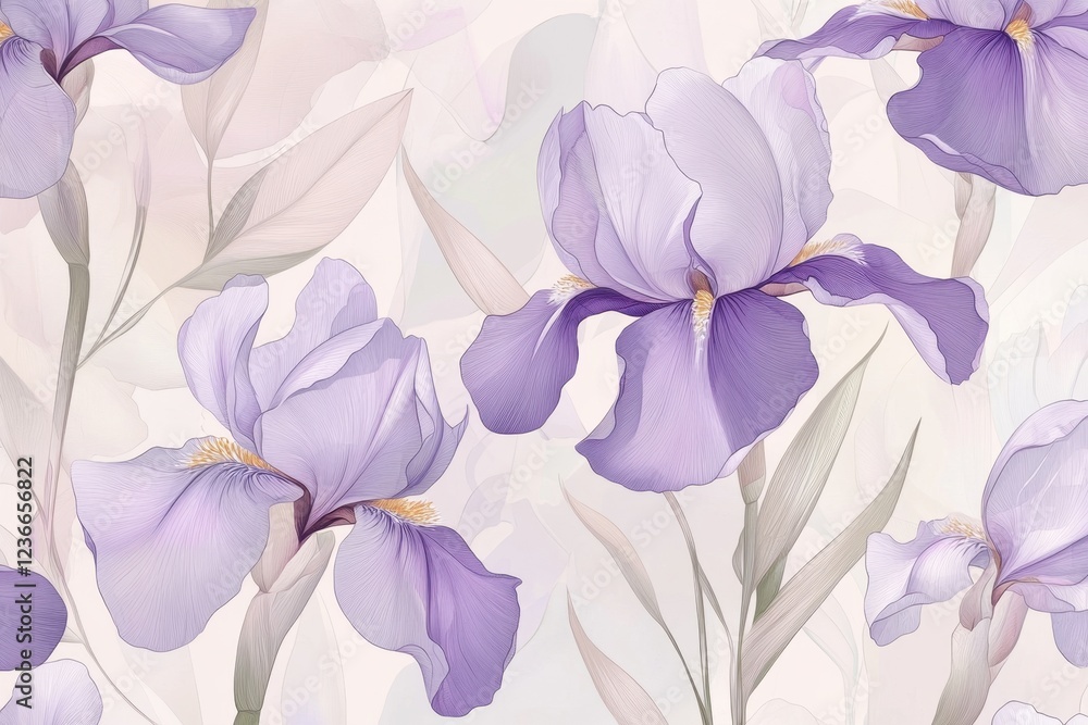 Poster colorful iris flower pattern showcasing soft purple hues in a delicate design ideal for fabric or wa