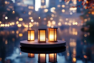 Tranquil Night in the City: Illuminated Lanterns on a Serene Lake