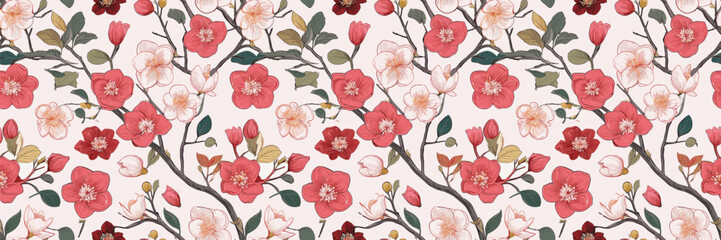 a seamless floral pattern on a white background. It features delicate branches adorned with pink and white flowers, interspersed with green leaves and buds. The flowers resemble cherry blossoms or mag