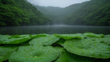 Raindrops on Lily Pads Serene Lake Nature Photography Misty Environment Close-Up Tranquility and Reflection