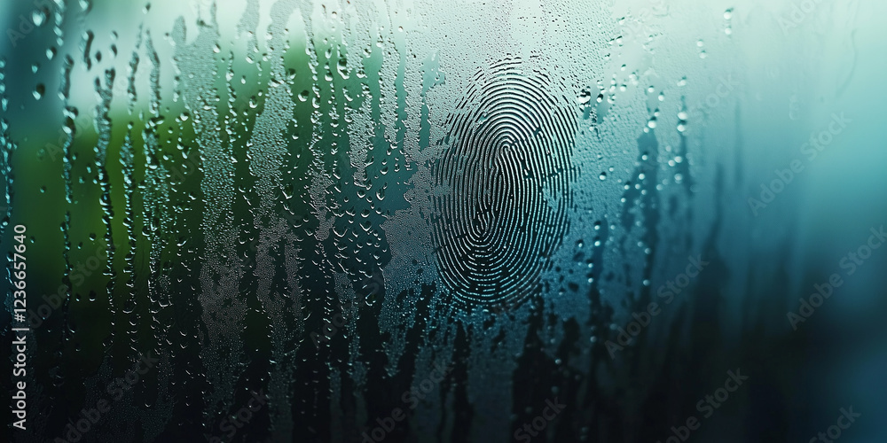 Poster abstract fingerprint pattern on a frosted glass surface highlighted by condensation, creating a myst