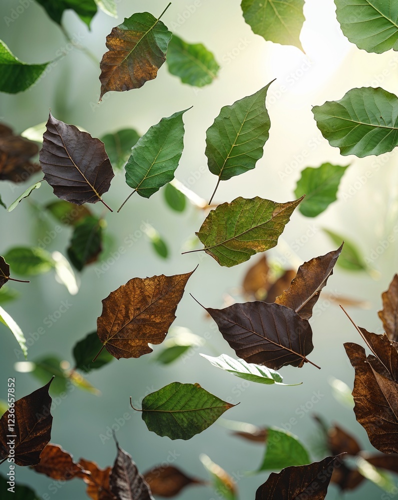 Poster soft green and deep brown leaf textures floating in soft light abstract nature concept background