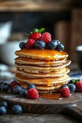 Stack of golden pancakes drizzled with syrup and topped with fresh berries.