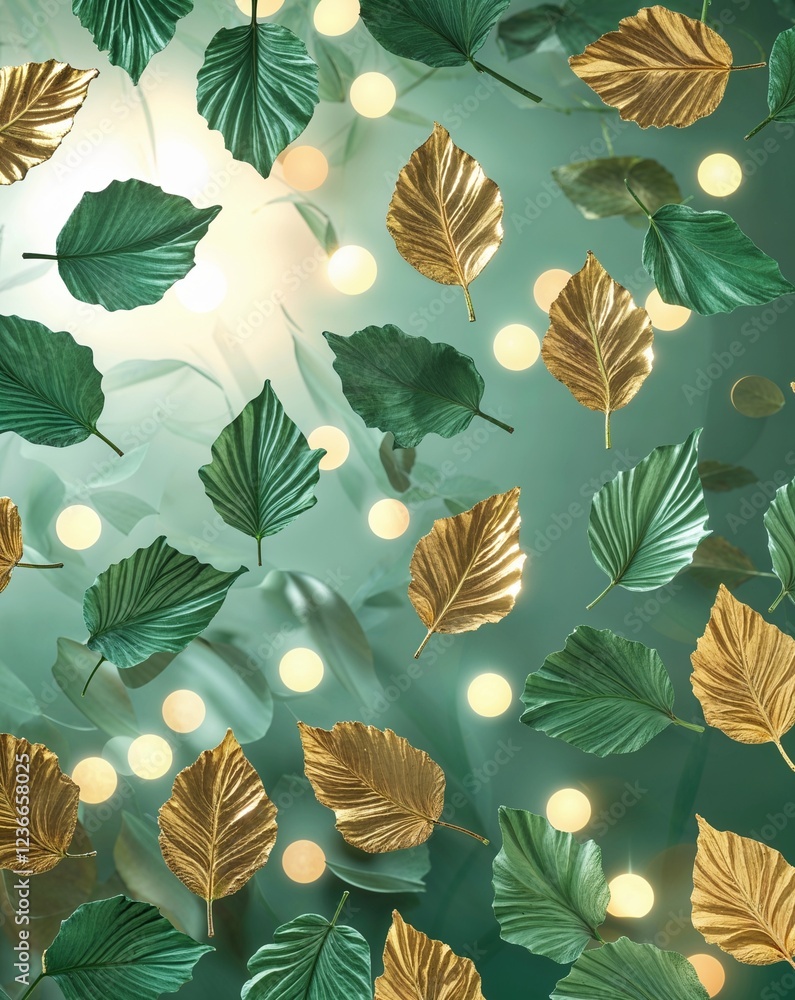 Poster soft green and gold leaf shaped patterns with floating light abstract nature concept background