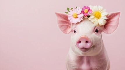 Animal fashion influencer concept. Cute pig adorned with a flower crown against a soft pink background, radiating charm and playfulness.