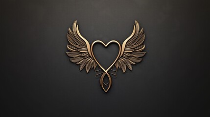 Golden heart with wings on a dark background. Valentine's Day symbol of love and freedom concept.