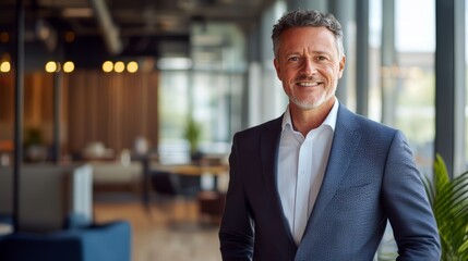 Fototapeta premium Smiling middle-aged Caucasian man in a modern office environment.