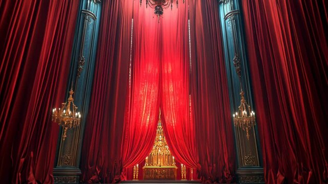 Grand theater stage with red curtains and ornate chandelier lighting