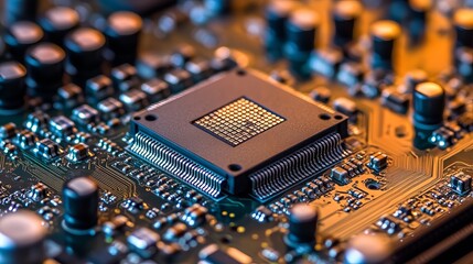 Intricate Close Up of a Computer Motherboard Featuring Various Components Such as Circuitry Capacitors and Connectors in a Detailed and Technological Representation of Modern Electronics