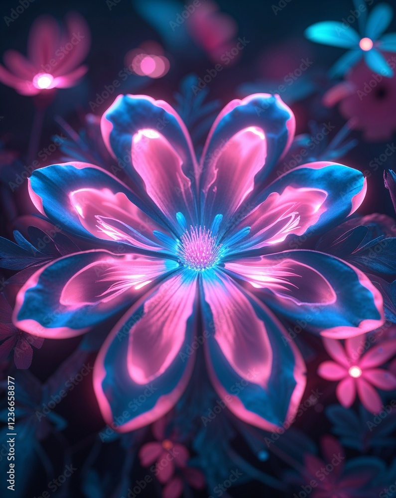 Poster soft pink and blue glowing flower shapes creating patterns in the dark abstract nature concept backg