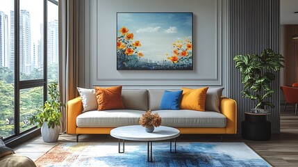 Modern Living Room Featuring Orange Accents and Cityscape Art