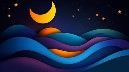 Serene night scene with crescent moon and stars over stylized, layered waves.
