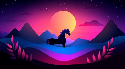 Naklejka premium Silhouette of a horse at sunset in a vibrant landscape.