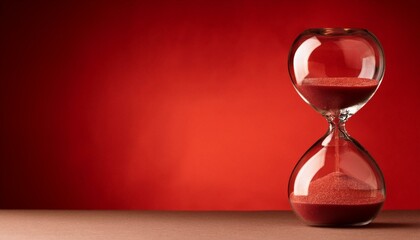  Rounded glass hour sand time range vintage red background.