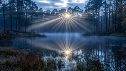 Fototapeta premium Sun Rays Illuminate Misty Forest Lake at Dawn Nature Photography Tranquil Atmosphere