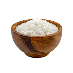 A wooden bowl filled with coarse white salt, showcasing its texture and natural tones.