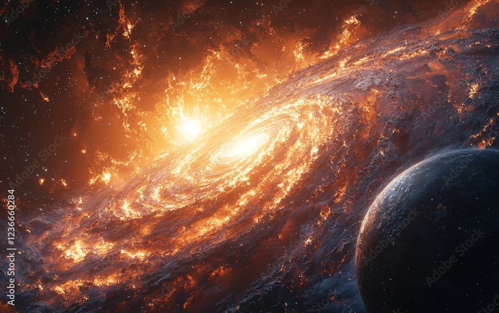 Wall mural cinematic galaxy with swirling nebulae icy planets and comet streaking through the cosmos